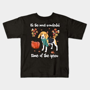 Beagle Dog Autumn Fall Most Wonderful Time Maple Gift Kids T-Shirt